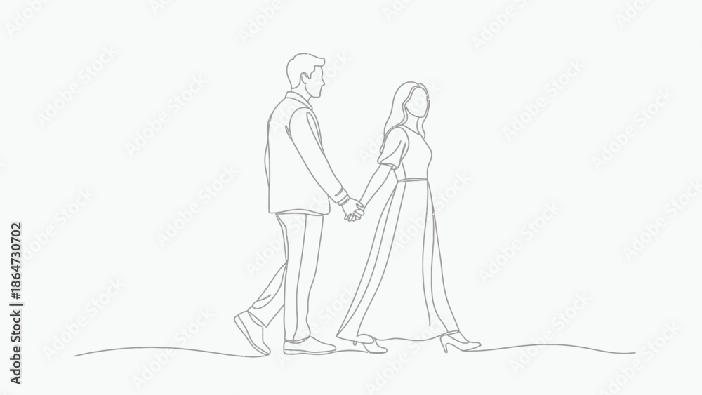 Fototapeta premium Elegant continuous line drawing depicts a couple holding hands while walking together symbolizing commitment partnership and lasting romantic affection