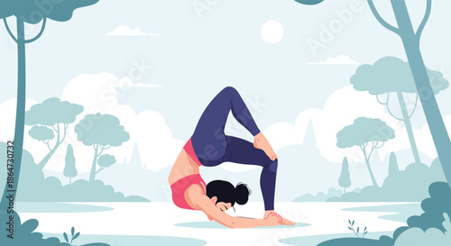 Woman performing an advanced yoga pose in a serene park setting surrounded by stylized green trees and a light blue sky with fluffy white clouds.