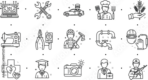 Professional services line icon set showing jobs careers skills technology healthcare education repair security and business occupations vector illustration