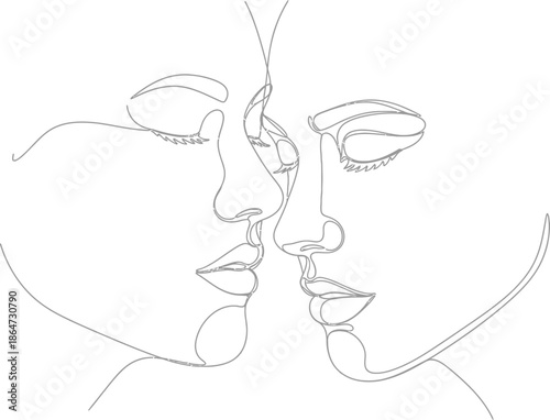 Minimalist continuous line drawing capturing the intimate moment of two faces nearing a gentle kiss against a clean white background