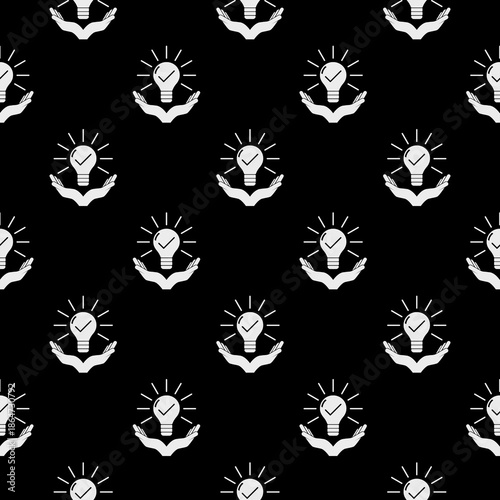 Hand with light bulb creative idea approved seamless pattern isolated on black background
