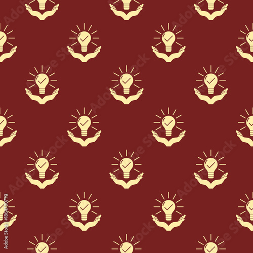 Hand with light bulb creative idea approved seamless pattern isolated on color background