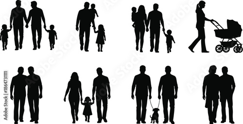 Family silhouette set showing parents, children, couples, walking figures, stroller, dog, and everyday people lifestyle icons vector illustration isolated black white