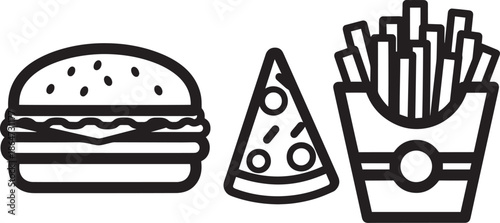 Fast Food Icons in Simple Line Art Style Page era Black and White Vector Illustration for Menu Design