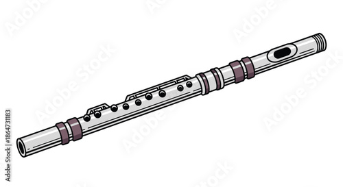 Silver metal flute musical instrument with detailed black keys and purple bands shown at a diagonal angle against a plain white background.