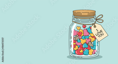 Glass jar filled with many colorful candy hearts featuring a gift tag with the message I love you for Valentine's Day and romantic themes.