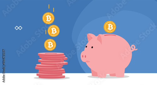 Financial concept illustration showing golden bitcoin coins being dropped into a pink piggy bank next to a stack of coins on a blue background.
