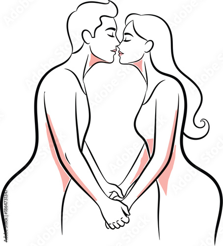Stylized line art illustration depicting a man and woman intimately holding hands while leaning in very closely together to share a soft kiss.