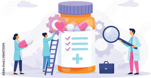 Medical check: Illustrating a scene where medical personnel are carefully examining a medicine bottle, symbolizing healthcare examination and treatment.