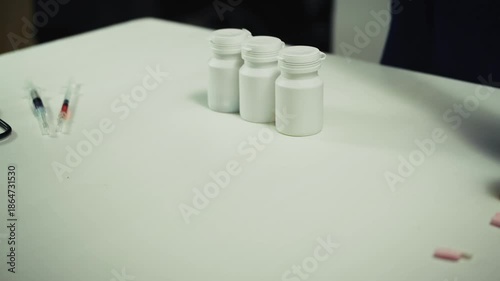 Wallpaper Mural Medical professional wearing blue gloves carefully arranging small white prescription pill bottles on a clean laboratory or clinical examination surface Torontodigital.ca