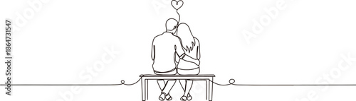 Continuous line drawing depicts a loving couple sitting closely together on a simple bench with their shared affection symbolized by a floating heart above them