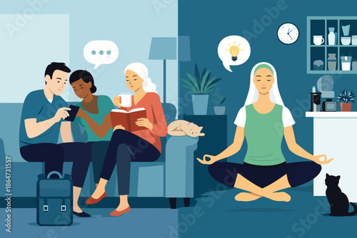 Mindful Living and Harmony: a side-by-side view, one side represents the digital world, and the other shows quiet time, a state of peace and reflection.