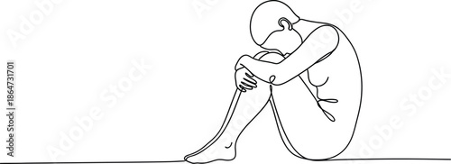 Minimalist continuous line drawing of a person sitting in a fetal position expressing deep sadness isolation and mental health struggle