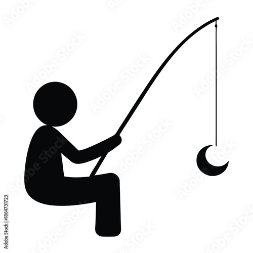 Silhouette of a Person Fishing for the Moon in the Night Sky