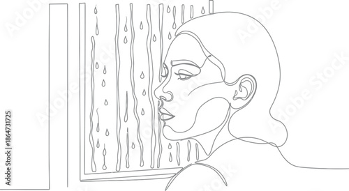 Minimalist continuous line art drawing depicting a thoughtful woman gazing out a window at heavy falling rain and streaming water droplets.