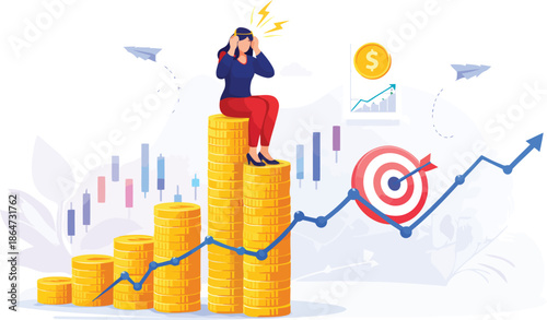Financial Anxieties: A figure navigates the turbulent world of finance, grappling with the complexities of economic targets and market fluctuations. The illustration captures a sense of pressure.