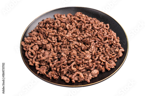 Fried mincemeat, cooked forcemeat in a plate isolated on white background
