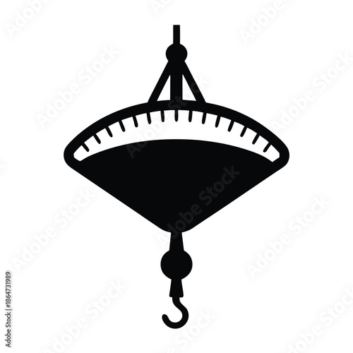 Hanging scale with hook for measuring weight, solid black icon illustration