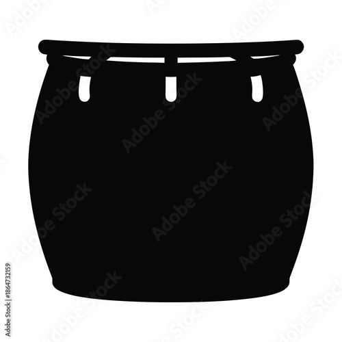 Minimalist Illustration of a Black Drum with Three Metal Tuning Pegs