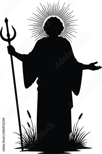 Holy divine god silhouette standing with sun halo behind head holding trident staff weapon representing religious spirituality and ancient mythology power for sacred worship belief icon.