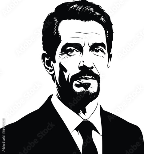 Confident businessman portrait silhouette with beard and mustache wearing formal suit and tie looking serious for corporate leadership profile and executive career management success.