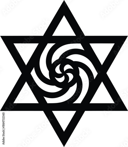 Creative Star of David hexagram symbol with internal spiral swirl representing Jewish faith spirituality and cosmic energy motion for religious identity logo and mystery concept icon.