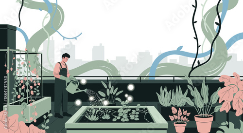 Man watering rooftop garden with city skyline and abstract vines in background
