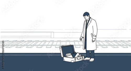 Man with Open Suitcase by Train Tracks - Travel and Departure Concept