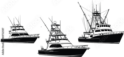 Fishing boat silhouette illustration, yacht vector art, marine vessel drawing, ocean ship design, recreational boat artwork, technical maritime graphic, nautical industry concept image