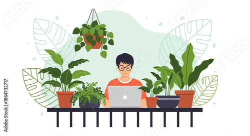 Man Working Remotely Surrounded by Lush Indoor Plants, Home Office Greenery