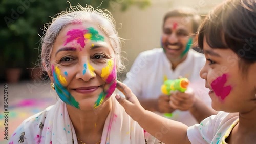 A multi-generational Indian family joyfully celebrates Holi, with a child applying colorful powder to an elderly woman's face.