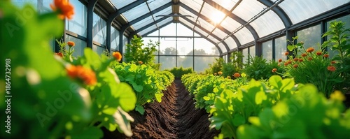 Vibrant Greenhouse Garden Sunlight Drenched Plants Flourishing in a Modern Indoor Setting