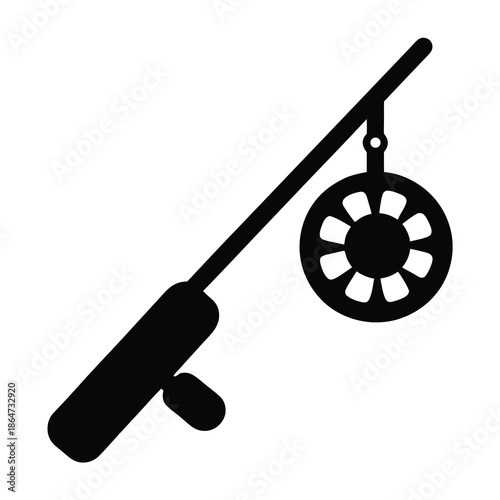 Black silhouette of a fishing rod with a round reel for catching fish