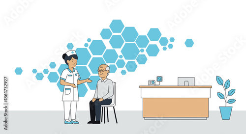 Nurse consulting elderly patient at reception desk in clinic, healthcare concept