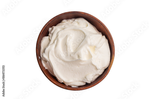 Dip sauce with Fresh Sour cream in a bowl isoalted on white background. top view