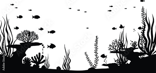 Underwater silhouette illustration, marine life ecosystem, fish swimming, coral reef plants, ocean bubbles, seaweed background, aquatic nature scene, black and white art