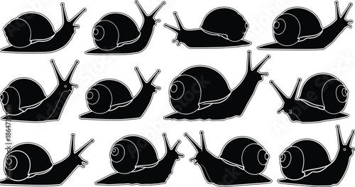 Snail silhouette illustration, black vector art, mollusk design, shell animal drawing, stylized posture artwork, tentacle outline graphic, minimalistic nature concept, biological study image