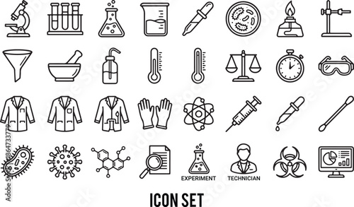 Science Laboratory Equipment and Research Icons Set Vector illustration