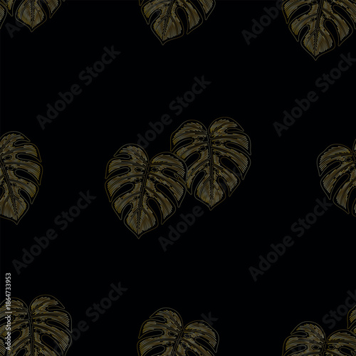 Luxury gold monstera seamless pattern on black background, tropical elegant leaf ornament
