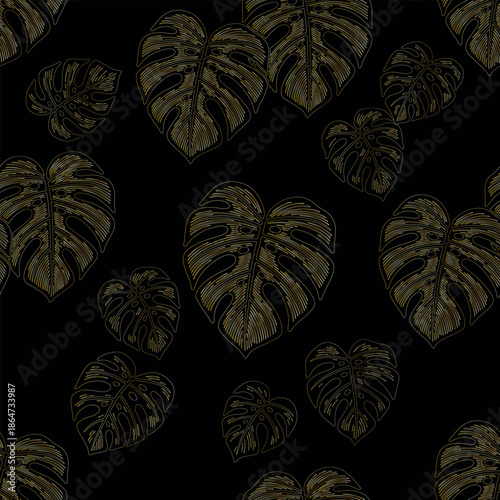 Luxury gold monstera seamless pattern on black background, tropical elegant leaf ornament