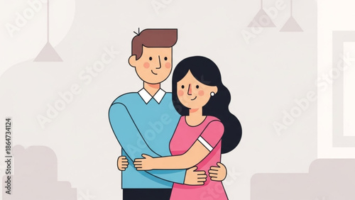 A cartoon illustration of a man and woman embracing in a cozy indoor setting with a minimalist design