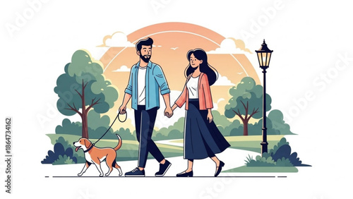 A cartoon illustration of a couple walking hand in hand with their dog in a park at sunset