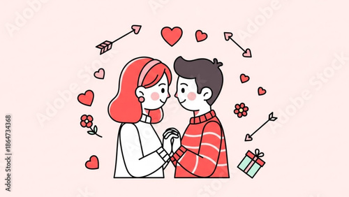 A cute cartoon illustration of a couple sharing a romantic moment with hearts and flowers around them