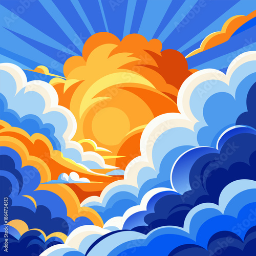 Bright sunshine peeks through fluffy clouds in a vibrant stylized illustration