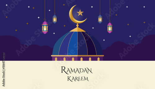 Ramadan kareem vector design with mosque dome, crescent moon, star, and lanterns . Islamic celebration background with Elegant spiritual holiday vector illustration.