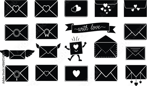 Black and white love envelope icons set with hearts, romantic mail messages, valentine letters, wedding invitations, vector illustration