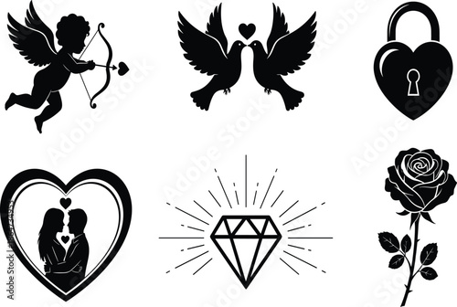 Black and white romantic love icons set featuring cupid, hearts, wedding couple, diamond, rose silhouettes vector illustration minimal classic design