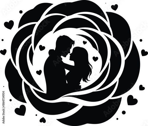 Black and white romantic couple silhouette inside abstract heart flower, love and passion valentine vector illustration design art