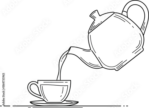 Simple line art drawing of hot tea pouring from a teapot into a cup