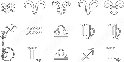 Collection of various zodiac signs represented in simple black line art icons